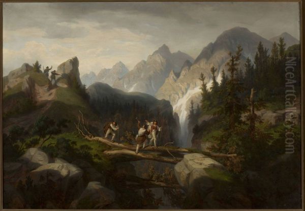 Smugglers in the Tatra Mountains Oil Painting by Alfred Schouppe