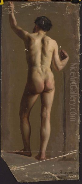 Nude of a standing man, back view Oil Painting by Kazimierz Alchimowicz