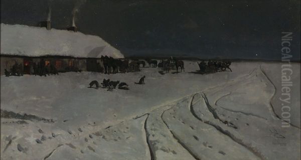 Winter night in Ukraine Oil Painting by Jozef Chelmonski