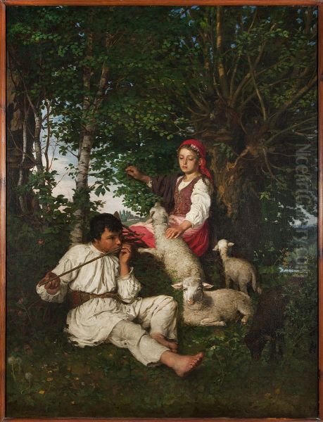 Pair of shepherds in the forest - Idyll Oil Painting by Kazimierz Pochwalski