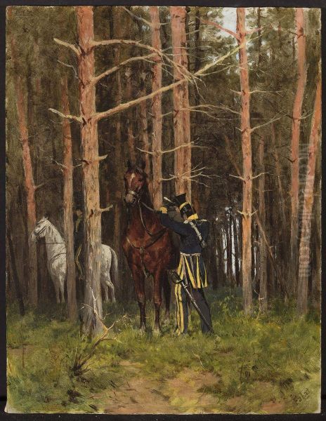 In the forest (Uhlans' post) Oil Painting by Julian Falat