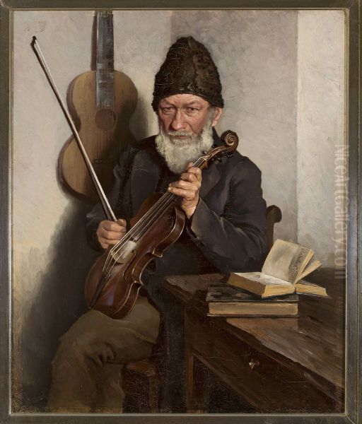 Old man with a fiddle Oil Painting by Wladyslaw Ciesielski