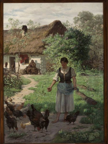 Village girl feeding hens Oil Painting by Aleksander Mroczkowski