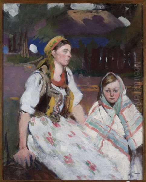 Two peasant girls Oil Painting by Wlodzimierz Tetmajer