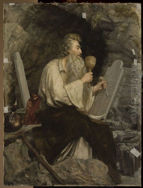 Moses with Ten Commandments Oil Painting by Aleksander Sochaczewski