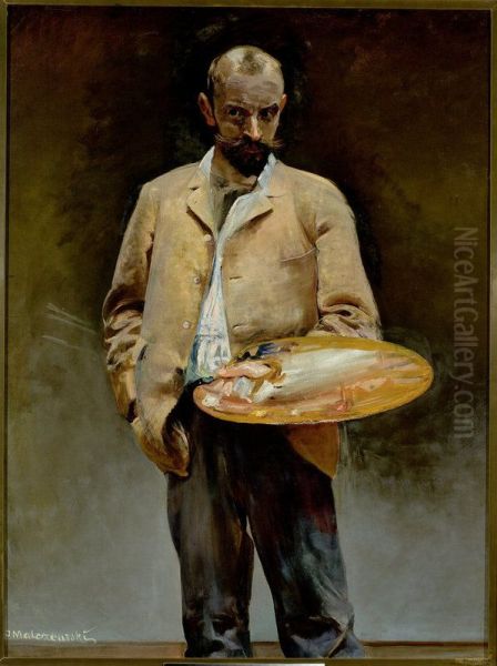 Artist's self-portrait with a palette Oil Painting by Jacek Malczewski