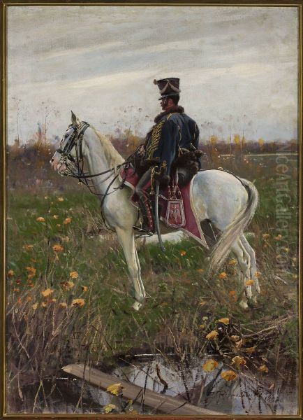 Hussar from the 13th Regiment of the Army of the Duchy of Warsaw Oil Painting by Zygmunt Rozwadowski