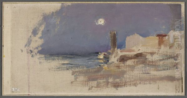 Moonlit landscape with water and architecture. From the journey to Constantinople Oil Painting by Jan Ciaglinski