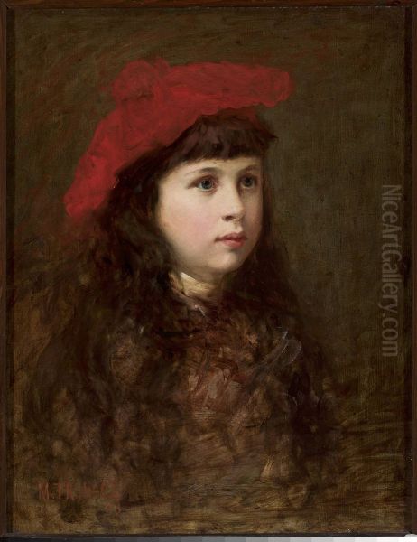 Portrait of a girl in a red beret Oil Painting by Maurycy Trebacz