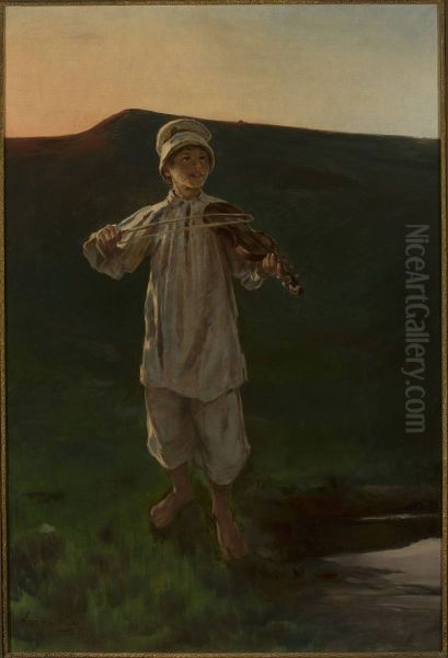 Shepherd boy playing the fiddle Oil Painting by Witold Pruszkowski