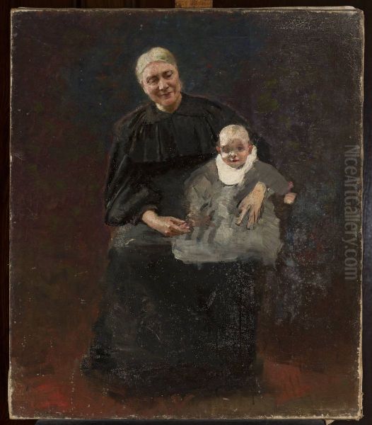 Portrait of Michalina Szymanowska nee Naimska, artist's mother with her grandson Waclaw Oil Painting by Waclaw Szymanowski