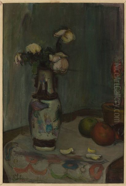 White roses in a vase Oil Painting by Wladyslaw Slewinski