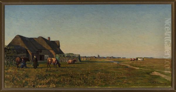 Landscape with a farmyard Oil Painting by Franz Korwan