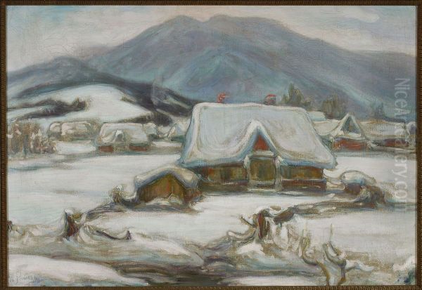 Cottages in the snow Oil Painting by Wladyslaw Slewinski