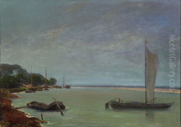 Boat with sails up Oil Painting by Wladyslaw Slewinski