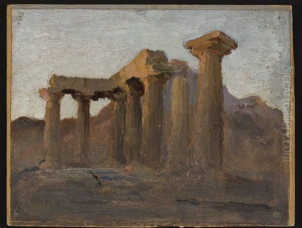 Temple of Apollo in Corinth at sunrise. From the journey to Greece Oil Painting by Jan Ciaglinski