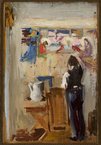 Painter Janusz Nawroczynski in the studio, sketch Oil Painting by Konrad Krzyzanowski