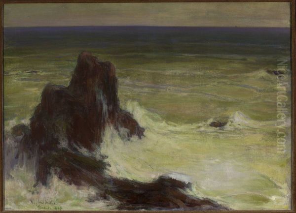 Sea with a solitary rock Oil Painting by Wladyslaw Slewinski