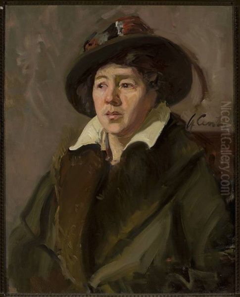 Portrait of a woman in a hat Oil Painting by Stanislaw Lentz