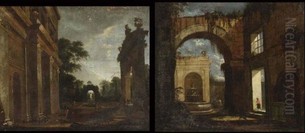 An Architectural Capriccio With Figures Conversing Near A Fountain Oil Painting by Giovanni Antonio Buti