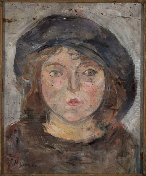 Head of a little girl in a dark beret Oil Painting by Tadeusz Makowski