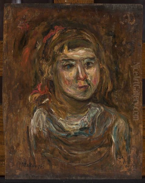 Little girl with a red ribbon Oil Painting by Tadeusz Makowski