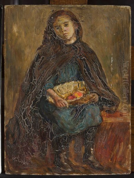 Little girl with a basket of apples on her knees Oil Painting by Tadeusz Makowski