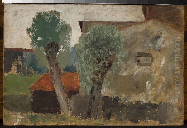 Fragment of a house with two trees Oil Painting by Tadeusz Makowski