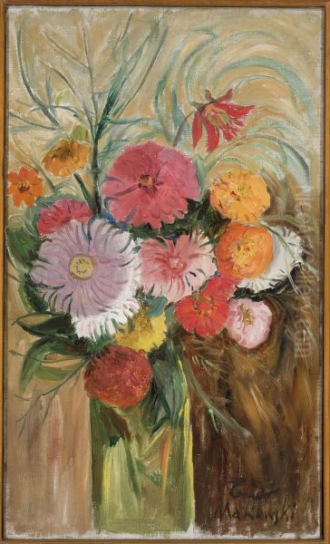 Zinnias and asters in a glass jar Oil Painting by Tadeusz Makowski