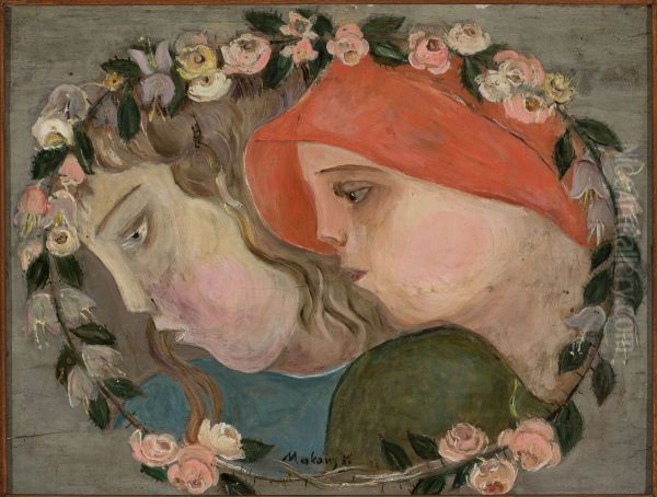 Two heads of little girls in a garland of flowers Oil Painting by Tadeusz Makowski