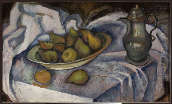 Still life with a kettle, a pear and a lemon Oil Painting by Kazimierz Sichulski