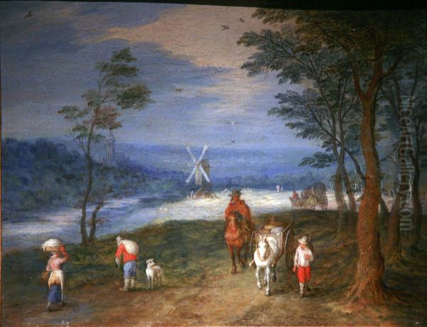 Peasants on a path, with mill in the background Oil Painting by Jan Brueghel the Elder