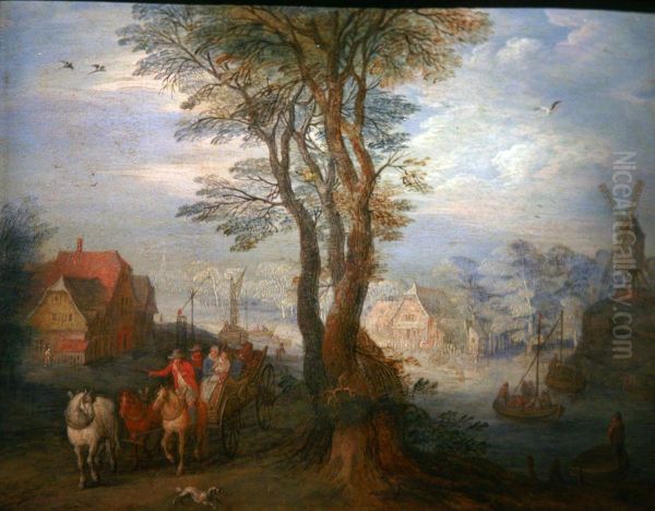 Peasants on a wagon near a river going through a village Oil Painting by Jan Brueghel the Elder