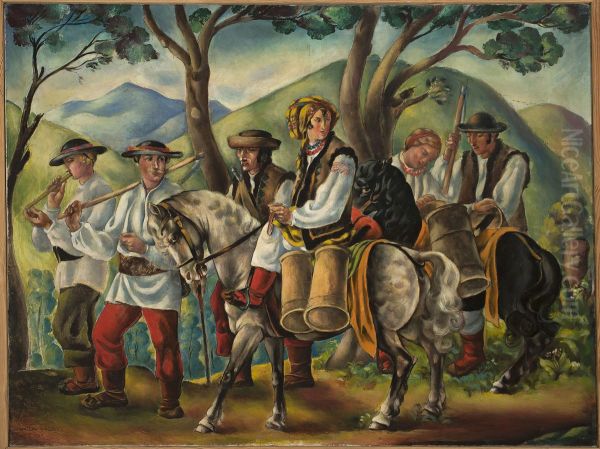 Hutsuls on their way Oil Painting by Waclaw Wasowicz