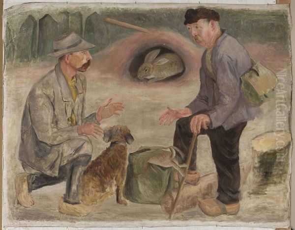 Conversation with a hunter Oil Painting by Tadeusz Makowski