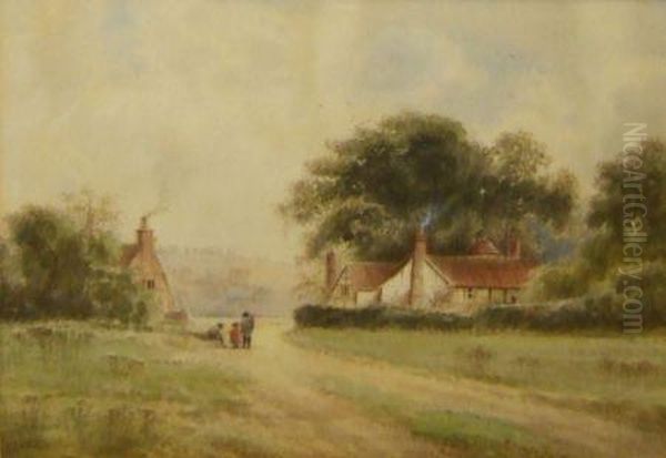 Figures In A Country Lane With Cottages Oil Painting by Edward Burgess Butler