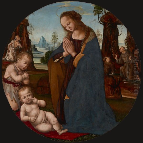 Adoration of the Child with Young St John the Baptist - Tondo Oil Painting by unknown