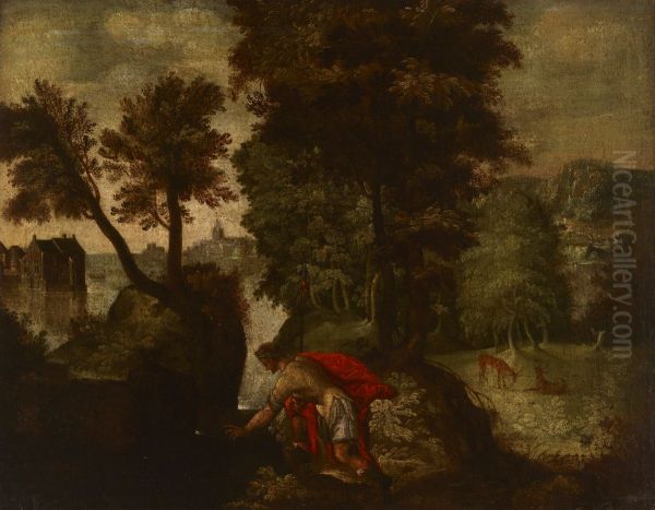 Landscape with a Kneeling Knight (Theseus?) Oil Painting by unknown