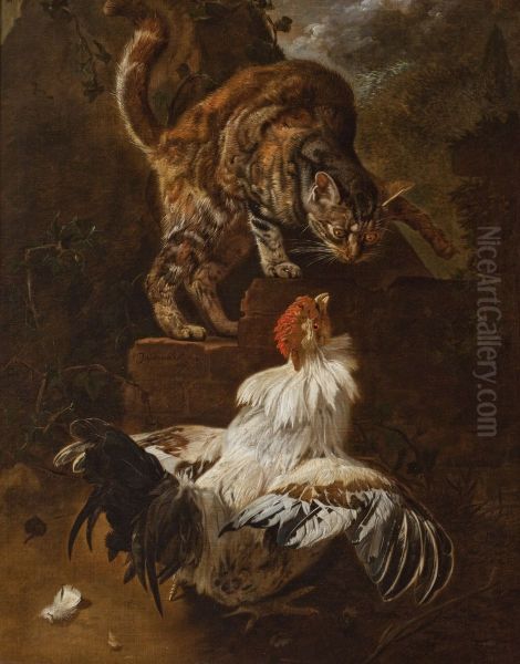 Fight of a Cock and a Cat Oil Painting by Jacomo Victors