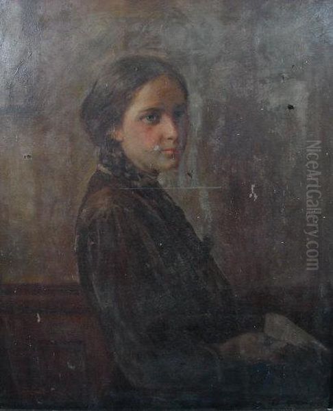 Portrait Of A Young Woman With Platted Hair Stood Holding An Open
 Book Oil Painting by George Edmund Butler