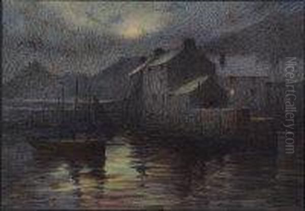 Polperro By Moonlight Oil Painting by Herbert E. Butler