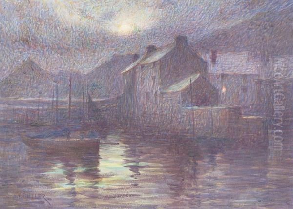 View Of Polperro Harbour Oil Painting by Herbert E. Butler