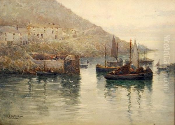 Polperro, Cornwall, A Harbour View Oil Painting by Herbert E. Butler