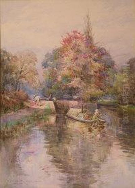 A Canal Boat Approaching A Lock Oil Painting by Herbert E. Butler