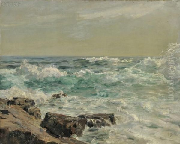 Crashing Waves Upon A Rocky Coastline Oil Painting by Howard Russell Butler