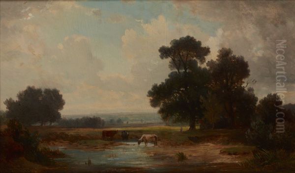 Landscape with Cows at a Watering-Place Oil Painting by Jozef Szermentowski