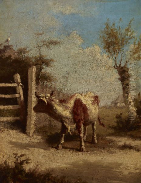 Study of a Cow against a Landscape Oil Painting by Wilhelm Leopolski