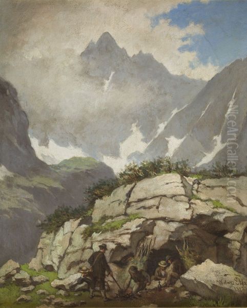 Rock Refuge of Reverend Stolarczyk in the Tatra Mountains Oil Painting by Walery Eljasz Radzikowski