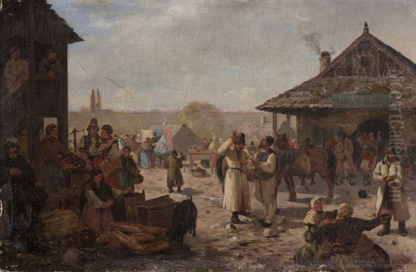 Fair in a Small Town Oil Painting by Seweryn Bieszczad