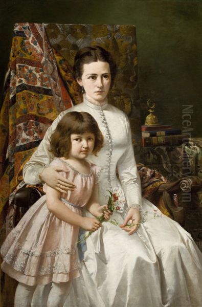 Portrait of Wife with Daughter Anna Oil Painting by Antoni Gramatyka